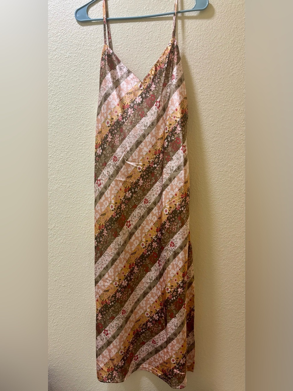 Main Strip Floral Satin Slip Dress - Pink & Brown